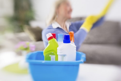 Professional using carpet cleaning machine with safety checks